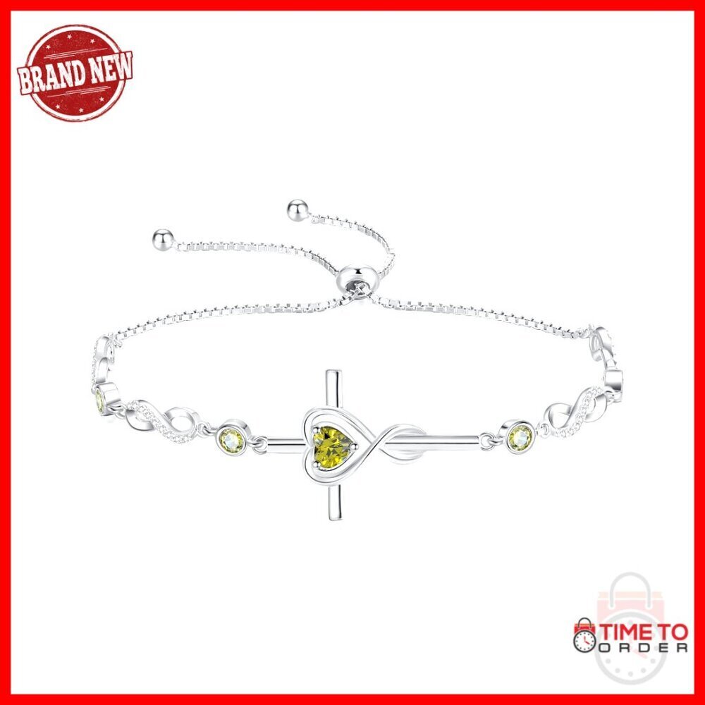 Sterling Silver Peridot Cross Heart Birthstone Bracelet Adjustable 9 Inch